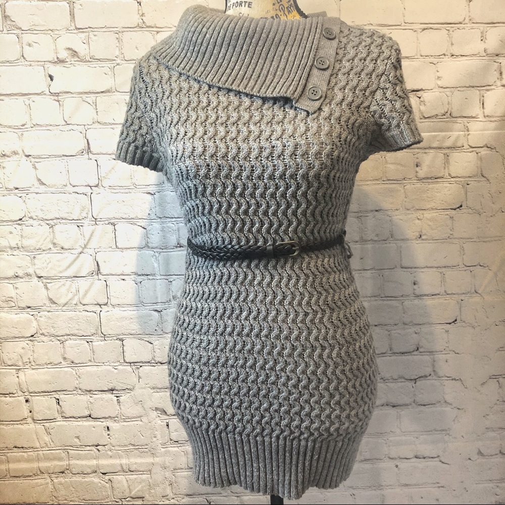 Grey Cable Knit Sweater Dress with Belt